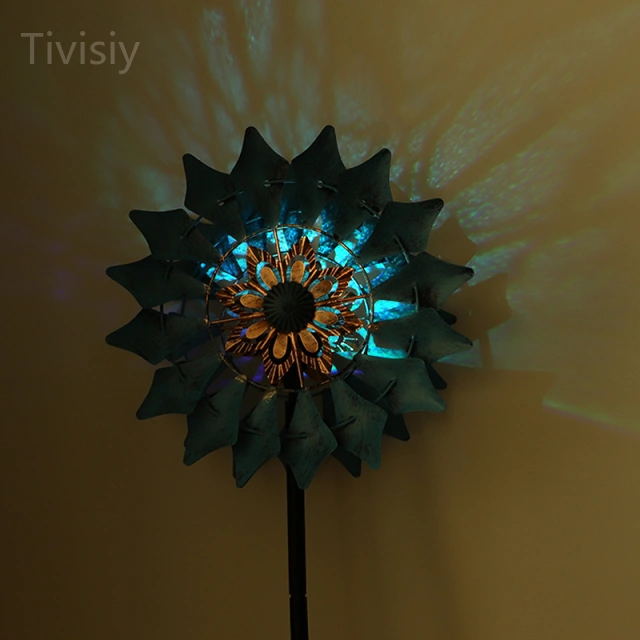 Blue Petal Golden Flower Core Solar Color Changing Wind Spinner